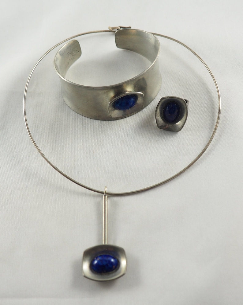 Vintage J\u00f6rgen Jensen Danish Modernist Pewter Pendant Adjustable Bangle and Ring,Lapis Lazuli Denmark 1970 Marked on Pendant and Bangle