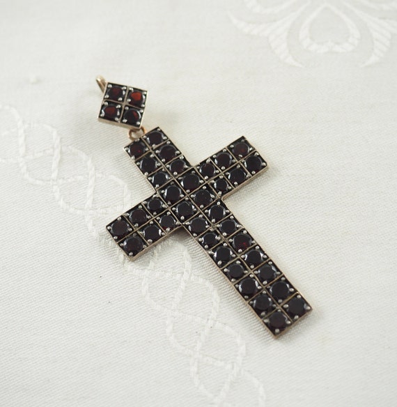 Antique Victorian Bohemian Garnet Cross Pendant i… - image 1