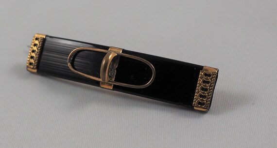Antique Mid Victorian Onyx and Gilt Bar Brooch, G… - image 7