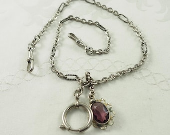 Art Deco Silver Plated Watch Chain Necklace, Amethyst Glass Fob, Germany 1930s