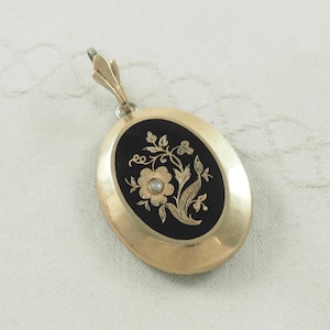 Médaillon de deuil ancien de style Victorien 14 carats, émail noir, Rose de Sharon, Allemagne des années 1870