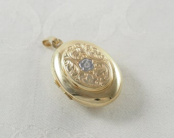 Vintage 8K Gold Oval Locket for 6 Photographs, Front Panel with Foliate Scrolls and White Gold Forget Me Not, Marked 333, Germany 1970-80