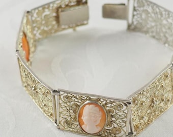 Bracelet camée coquillages Art Déco en argent doré, filigrane, poignet moyen, Allemagne 1930