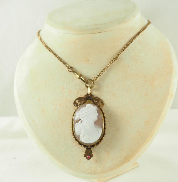 Pendentif Camée Victorien En Or Laminé - Années 1890 - Chaîne 18 Pouces - Authentique