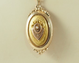 Antique Victorian 14K Gold Front Locket Pendant/Brooch, Bi Color Gold, Elongated Oval, Central Seed Pearl, Etruscan Revival, Germany 1870s