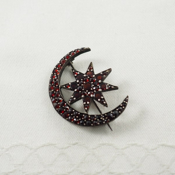 Antique Victorian Period Bohemian Rose Cut Garnet Half Moon and Star Honeymoon Brooch, Tombak, Pinchbeck, January Birthstone,  Bohemia 1880s