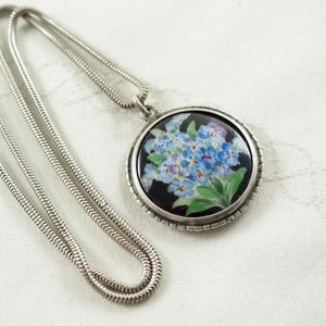Edwardian Silver Enamel Pendant Necklace: Forget-Me-Not Flowers, Vintage Chain