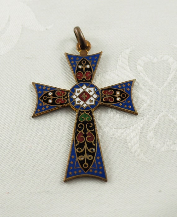 Vintage Cloisonné Enamel Templar Style Cross Pend… - image 6