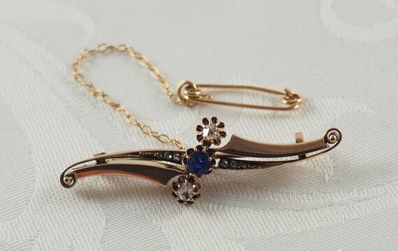 Antique Edwardian 8K Rose Gold, Sapphire and Diam… - image 3