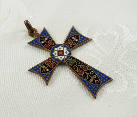 Vintage Cloisonné Enamel Templar Style Cross Pend… - image 1