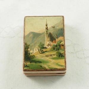 Antike Edwardian Papeterie Geschenkbox mit Klappdeckel, Chromolithographie Alpen Szenerie, Goldrand, Rechteckige Form, Deutschland 1900