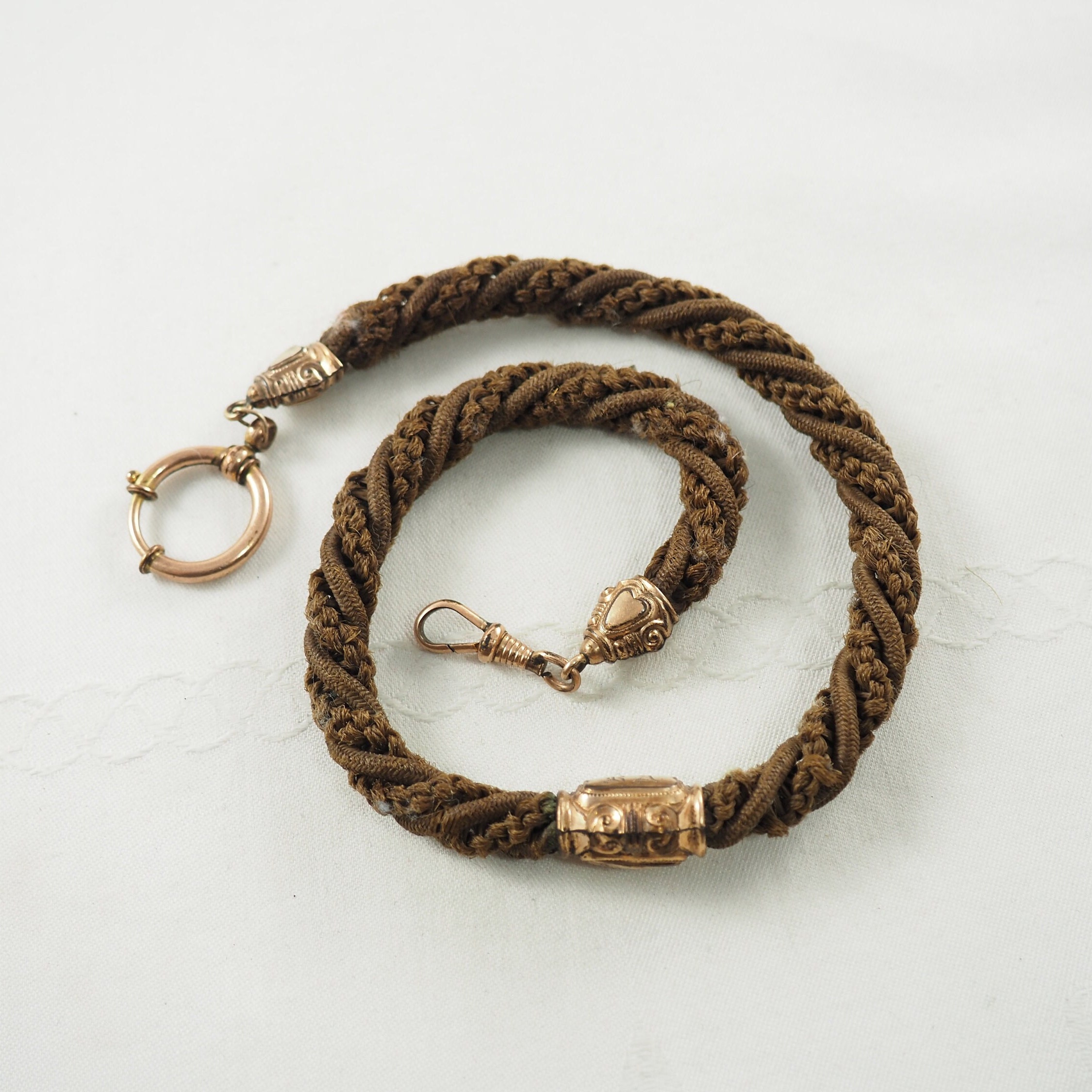 Antique Victorian Hair and Gold Filled Gentleman's Watch Chain, Plaited Human Hair, Sprung Ring and Dog Clip, with Initials, Germany 1870s