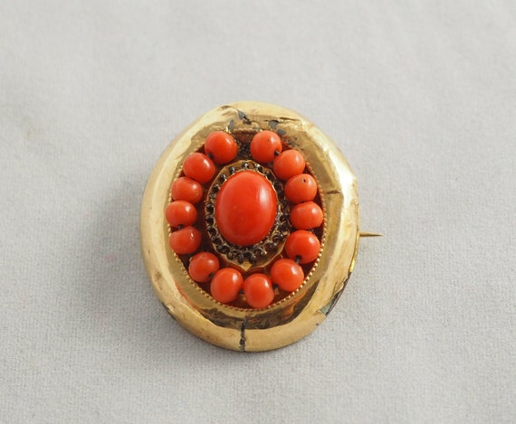 Antique Victorian Oval 14K Gold and Coral Brooch,… - image 1