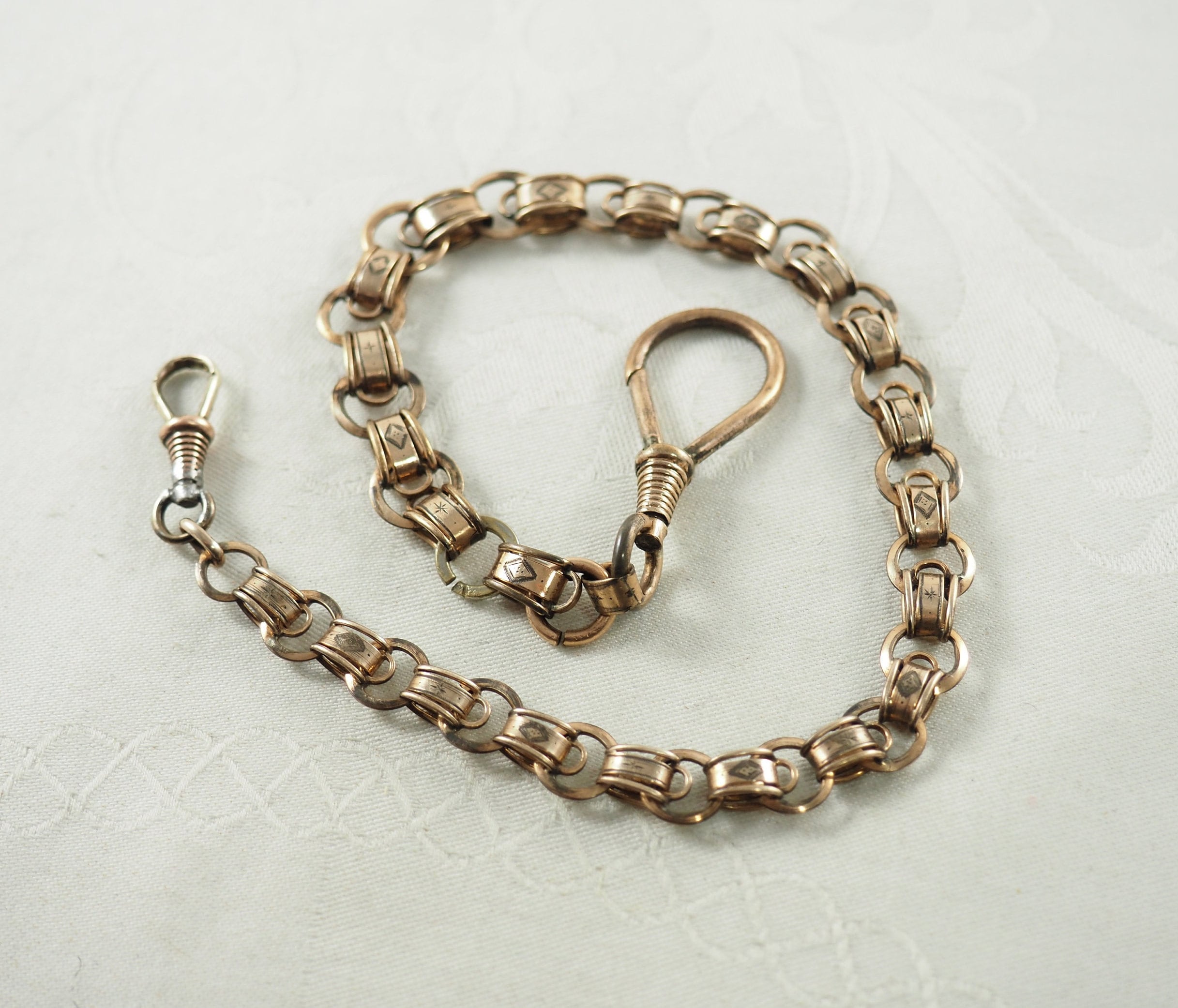 Edwardian Gold Filled Leontine Watch Chain: Engraved Star & Diamond Links