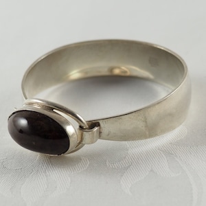 Nils Erik From Designer Vintage Danish Modernist Sterling Silver Opening Bangle, Dark Brown Cabochon Stone, Copenhagen Denmark, 1960s