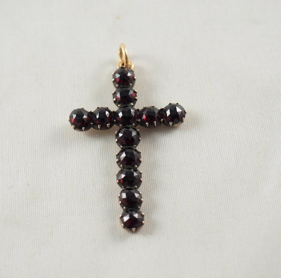 Antique Victorian Bohemian Garnet Cross Pendant, … - image 1