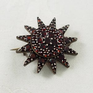 Antique Victorian  Period Bohemian Garnet 12 Pointed Star Brooch, set in Tombak or Pinchbeck, January Birthstone, Bohemia circa 1890