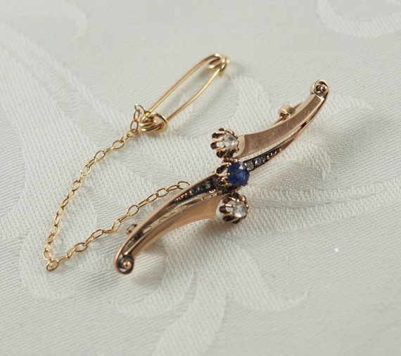 Antique Edwardian 8K Rose Gold, Sapphire and Diam… - image 1