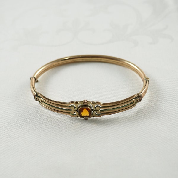 Art Deco Period Gold Filled and Paste Hinged Bracelet, Citrine Tone Paste Stone, Larger Wrist, Maker Not Identified, Germany 1930s