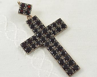 Victorian Bohemian Garnet Cross Pendant, Pinchbeck, Flat Cut Garnets, Bohemia 1880s