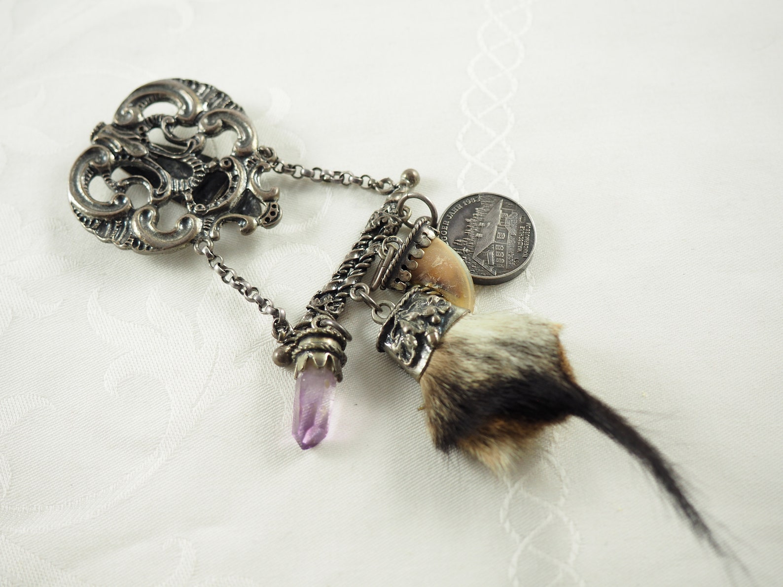 Vintage Silver Chatelaine Charivari, Hunters Charivari, 835 Silver, Amethyst Crystal , Animal Claw, Fur, Coin, Bavaria Germany 1950s-80s