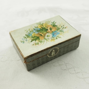 Caixa de presente para joias de papelaria eduardiana antiga, formato retangular, cromolitografia floral, interior rosa, tampa removível, Alemanha, 1900