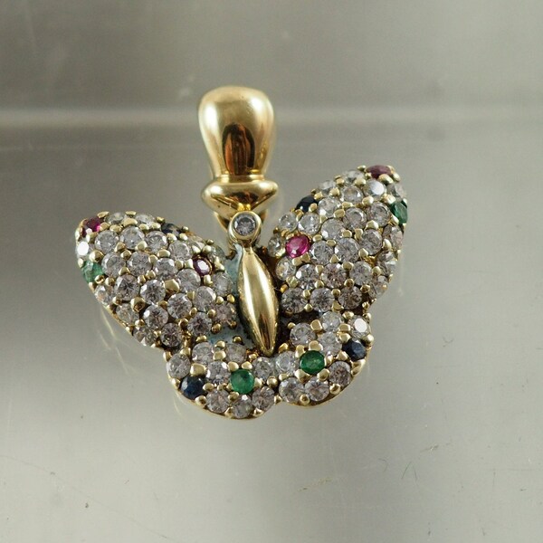 Vintage Butterfly Clip for a Pearl Necklace, 8K Gold, 333 Gold, Pave White, Green, Red and Blue Zircons, Chunky Bail and Clip, Germany 1970s