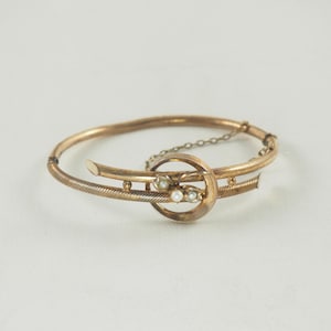 Pulsera victoriana antigua de luna de miel, con bisagras y movimiento estético, laminada en oro, bañada en oro, con perlas de semilla y perlas blíster, Alemania 18970