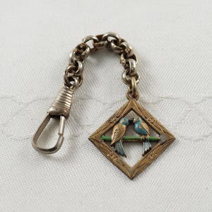 Art Deco Silver Plated Pocket Watch Chatelaine and Fob, Perhaps for a Lady&#39;s Watch, Enamel Love Birds in Gilt Frame, Dog Clip, Germany 1930