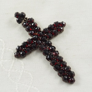 Antique Victorian Bohemian Antique Victorian Bohemian Garnet Cross Pendant, in Tombak or Pinchbeck, January Birthstone, Bohemia Dated 1893