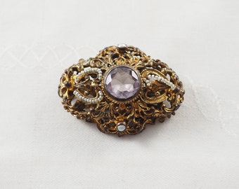 Broche retro vintage de plata dorada austro húngara, muy adornado, 20 g, amatista pálida grande, perlas de semillas, plata 800, Hungría 1966-99