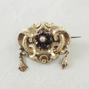 Antique Victorian Bohemian Garnet and 14K Gold Stomacher Brooch, Sentimental Brooch, Forget Me Not, Two Floral Drops, Germany  1860s