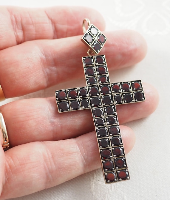 Antique Victorian Bohemian Garnet Cross Pendant i… - image 7