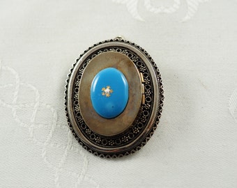 Vintage Sterling Silver Oval Locket Pendant Brooch, Turquoise Enamel Center, Opening Panel, Applied Border and Rim, Marked 925, Germany 1970