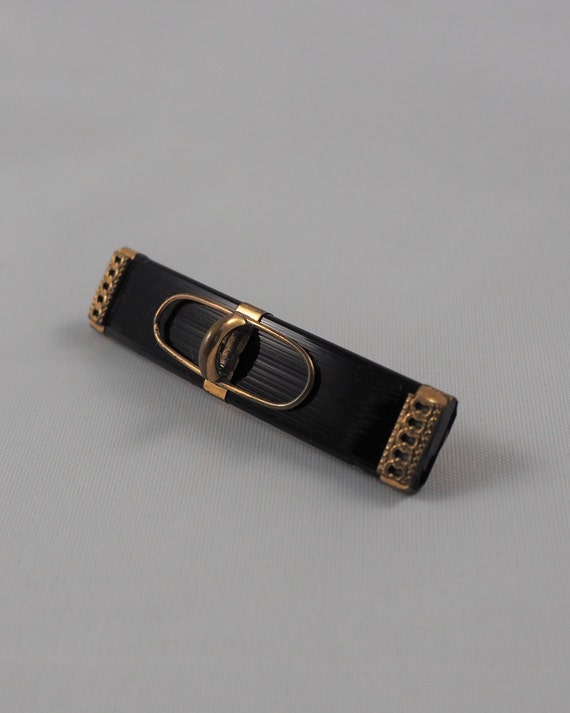 Antique Mid Victorian Onyx and Gilt Bar Brooch, G… - image 1