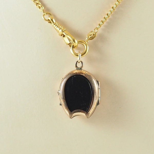 Antique Victorian Gold Filled and Onyx Horseshoe Shaped Locket, Rolled Gold, Lucky Charm, Rose Gold Tone, 1 Frame and Glass, Germany 1870