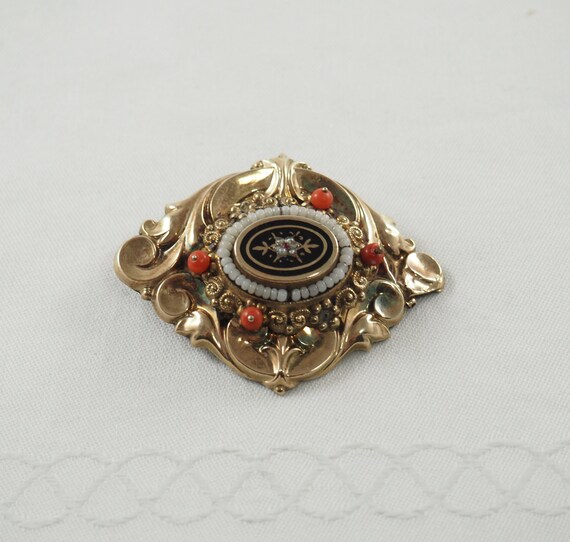 Antique Victorian Gold Filled Stomacher Brooch Black Enamel Panel Forget Me Not Seed Pearls Ruby Glass and Coral Bea Germany 1860s