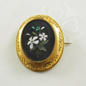 Antique Victorian Pietra Dura and Gold Filled Brooch, Faux Cantenille Work, Forget Me Not, Frangipani, Plumeria, Italy and Germany 1870s