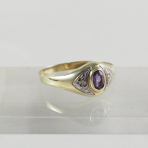 Vintage 14K Gold Amethyst and Diamond Unisex Ring, 585, 2 Diamonds each 0.01 Carat, Ring Sizes USA 12.2 UK Y 1/2 Germany 68, Germany 1970