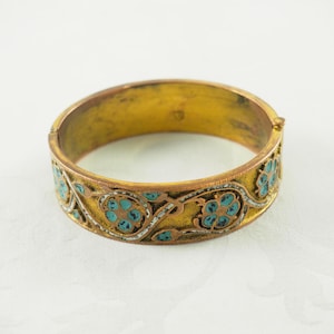 Bracelet vintage en métal doré, émail champlevé turquoise, style bohème, Afrique du Nord des années 1970