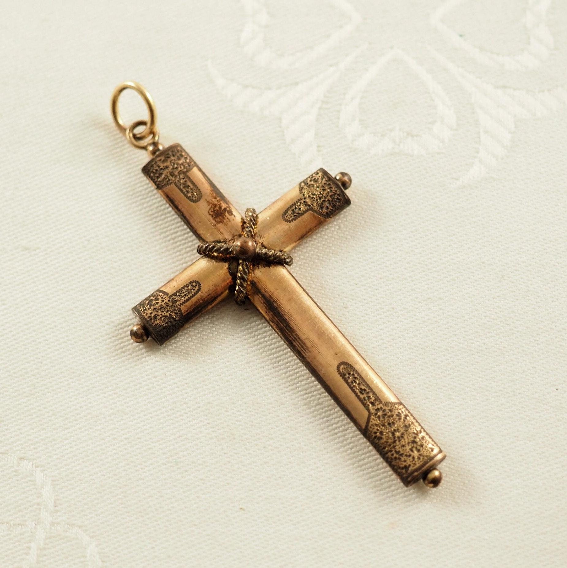 Antique Victorian Rolled Gold Cross Pendant: Rope Twist