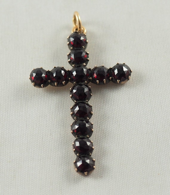 Antique Victorian Bohemian Garnet Cross Pendant, … - image 3