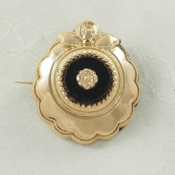 Victorian 14K Schaum Gold Mourning Brooch, Onyx Flower, Germany 1870