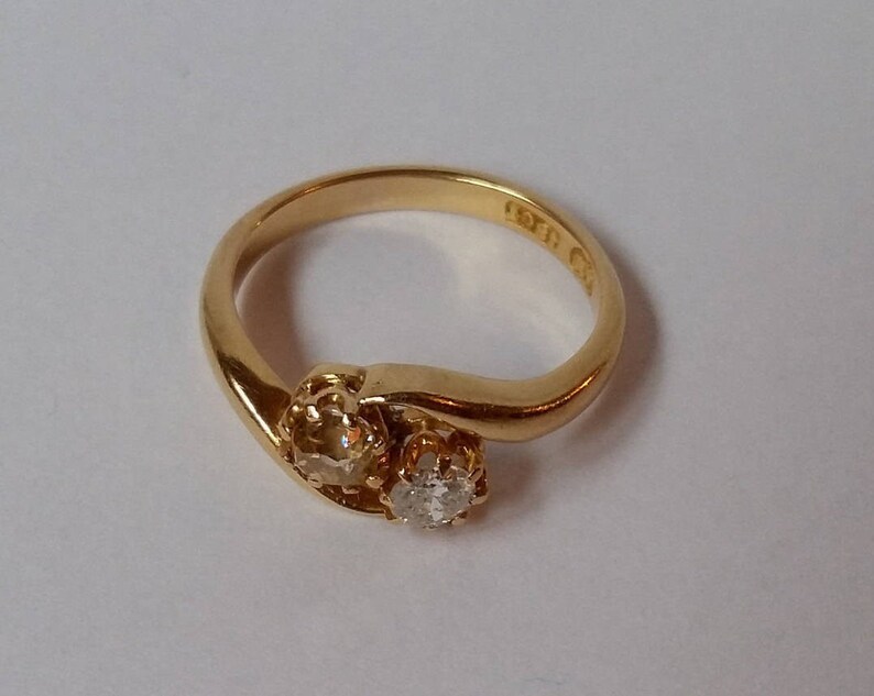 Ring Size USA 6.1 UK L 12 Engagement 18K Gold Antique Victorian White and Champagne Colored Diamond Cross-Over Ring Fancy Diamond