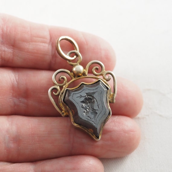 Antique Victorian Silver Gilt and Obsidian Intagl… - image 1