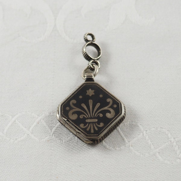 Antique Victorian Period Tula Silver Locket or Pocket Watch Fob Charm, 800 Standard Silver, Niello and Gold Inlays, Germany 1890-1900