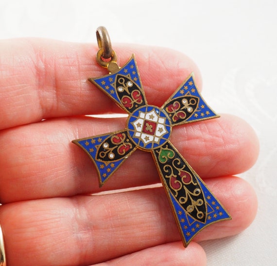 Vintage Cloisonné Enamel Templar Style Cross Pend… - image 7