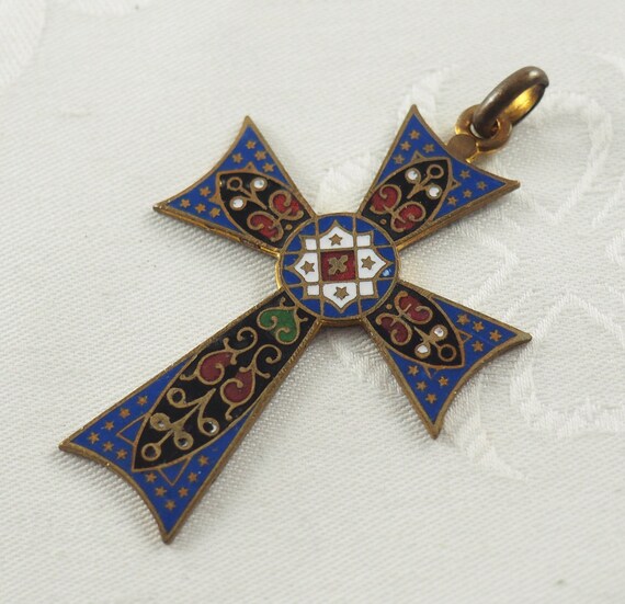 Vintage Cloisonné Enamel Templar Style Cross Pend… - image 4