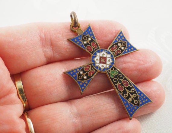 Vintage Cloisonné Enamel Templar Style Cross Pend… - image 3
