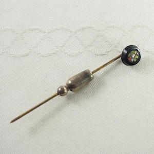 Antique Victorian Pietra Dura and Gold Filled Stick Pin, Cravat Pin, Hardstones, Pink Rose and Foliage, With Stopper, Unmarked, Italy 1880